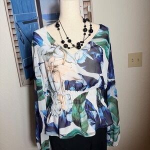 WHBM Boho Top Blue Green‎ V-Neck Flowy Long Sleeve L